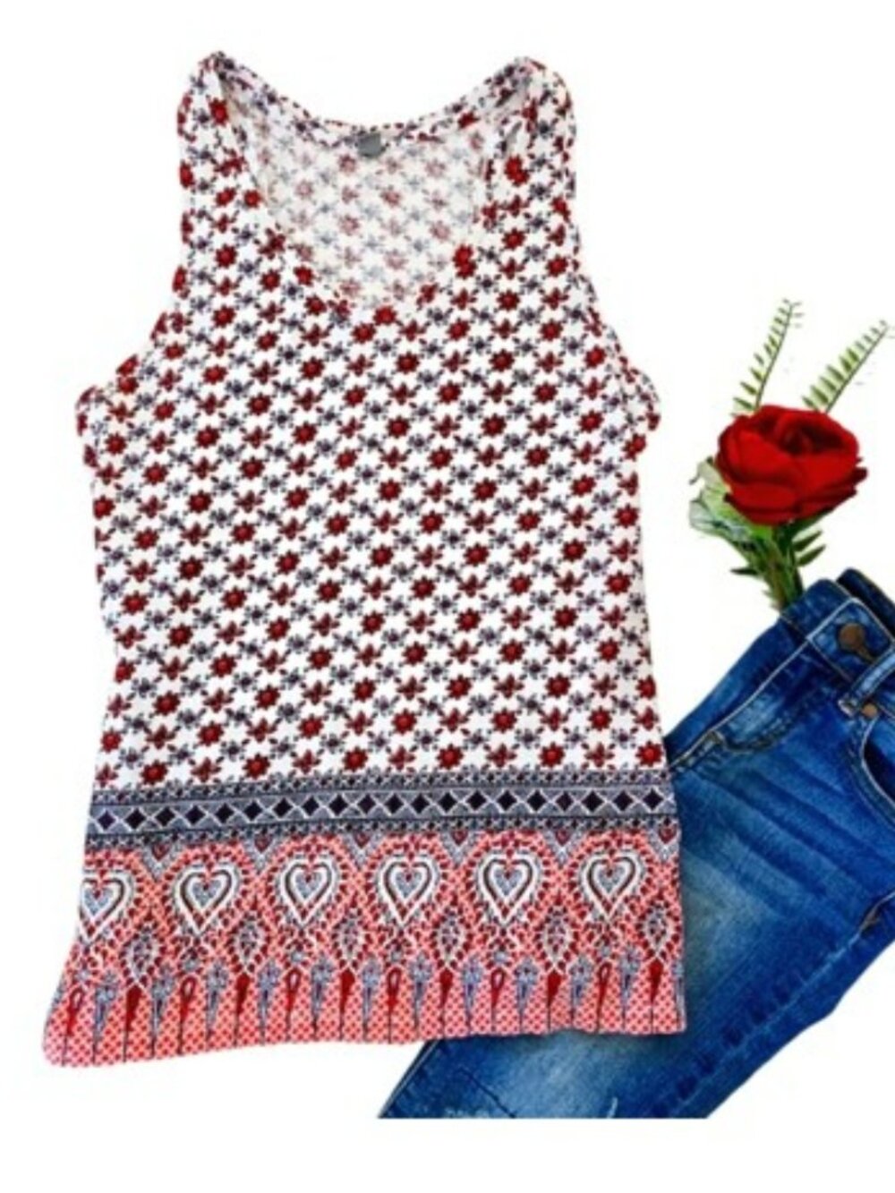 UNIQLO Women’s Sleeveless Tank Top Size Small Red White Floral Boho Print Casual